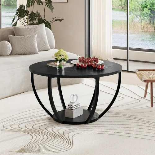 Vista 4 de HOMERECOMMEND Mesa de centro redonda, mesas de centro circulares de madera de 2 niveles con estantes de almacenamiento, mesa central decorativa