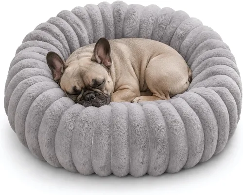 Vista 12 de Cama calmante para perros pequeños, cama lavable en forma de dona Gris