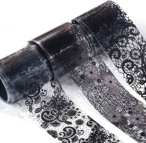 Vista 6 de 10 rollos de calcomanías holográficas retro de transferencia de láminas láser de encaje negro, suministros de arte de uñas, diseños de papel