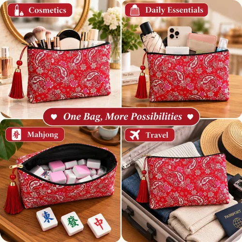 Vista 3 de Mahjong - Bolsas de azulejos con cremallera, bolsa Mahjong para azulejos Rojo Impreso