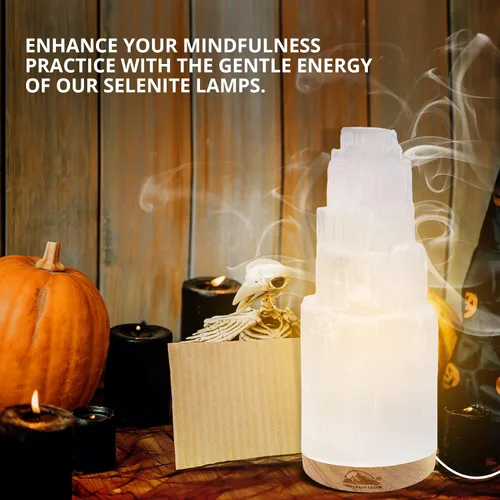 Vista 9 de Himalayan Glow Lámpara de cristal selenita de 7.9 in, grande, curvada a mano, con base de madera (certificado ETL) y cable de carga USB