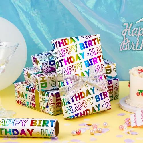Vista 5 de LeZakaa Rollo de papel de regalo de cumpleaños, letras de feliz cumpleaños, diseño holográfico colorido para baby shower, envoltura de regalo