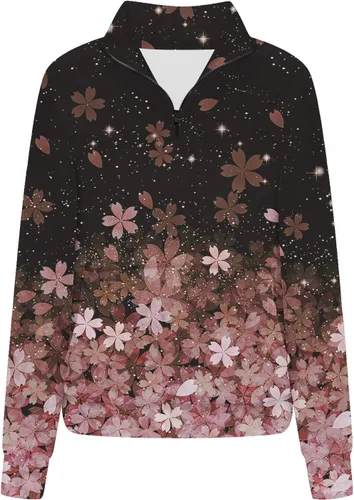 Vista 2 de Fall Clothes for Women Sweatshirt 14 Zip Neck Pullover Top Vintage Floral Printed Aesthetic Shirts Tops with Pockets