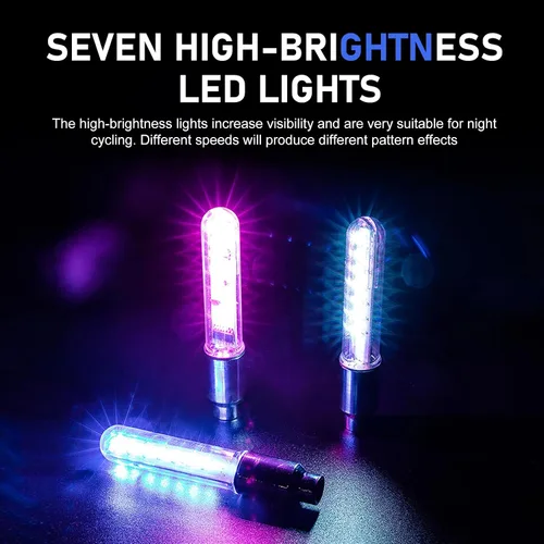 Vista 6 de 2 piezas de luces LED para rueda de bicicleta, luces impermeables para radios de bicicleta, luz de válvula de neumático de bicicleta con cambio