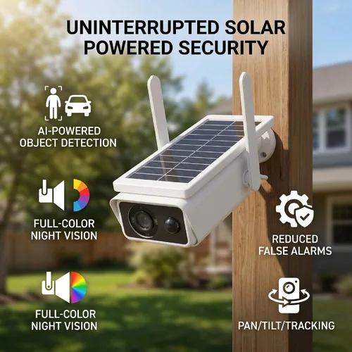 Vista 4 de Solar Security Camera Wireless Outdoor, 3MP 2.5K, AI Human & Vehicle Detection, 360 PTZ View, Color Night Vision, PIR Sensor