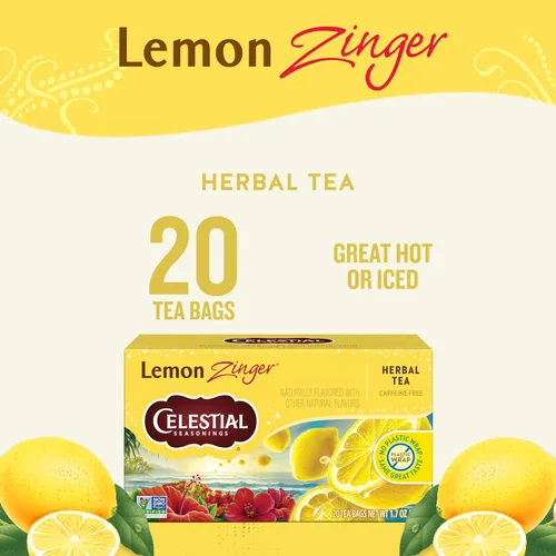 Vista 2 de Celestial Seasonings Lemon Zinger - Té de hierbas, sin cafeína, caja de 20 bolsas de té, (paquete de 6)