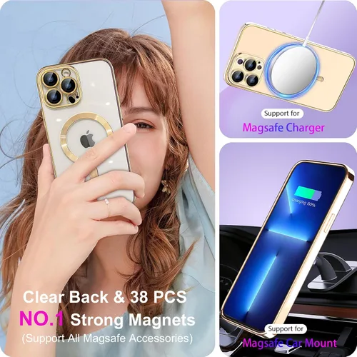 Vista 5 de Magsafe - Funda para iPhone 14 Pro Max, funda magnética transparente para teléfono con protector de pantalla y cubierta de cámara, funda galvanizada