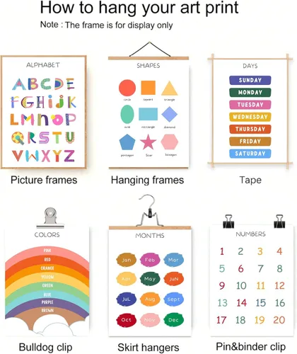 Vista 8 de DULASI - Paquete de 6 carteles educativos para niños, juego de arte de pared de lienzo sin marco, formas del alfabeto, números, colores, meses