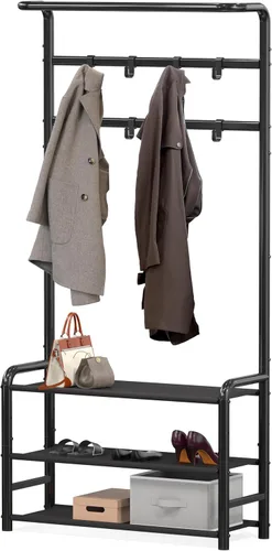 Vista 2 de Simple Houseware - Perchero con estante, árbol de pie con ganchos, color negro Para entrada, dormitorio, oficina, soporte de metal negro
