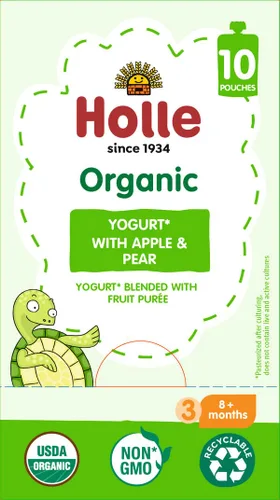 Vista 4 de Holle Bolsas de yogur orgánico de manzana y pera para bebé, 10 x 3 oz