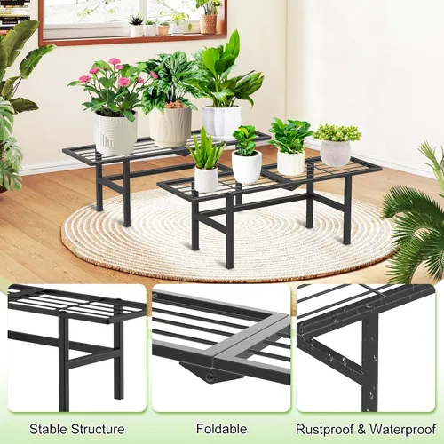 Vista 3 de Paquete de 2 soportes para plantas de 1 nivel para interiores y exteriores, estante plegable de metal para plantas, diseño estrecho de 8.7 pulgadas