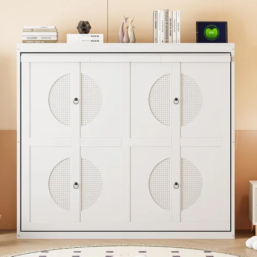 Vista 3 de Cama Murphy de tamaño matrimonial con estación de carga, marco de cama de pared de madera que ahorra espacio se puede plegar, armario de cama cubo