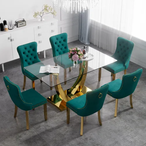 Vista 55 de Juego de mesa de comedor de cristal moderno de mediados de siglo para 4, 63 pulgadas, juego de comedor rectangular grande de lujo con parte superior