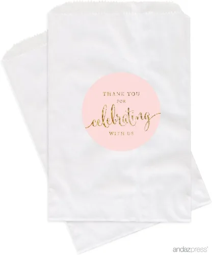 Vista 32 de Andaz Press Bolsas de regalo personalizadas para mesa de postre, agradecimiento por celebrar con nosotros, aguamarina, paquete de 24, personalizadas