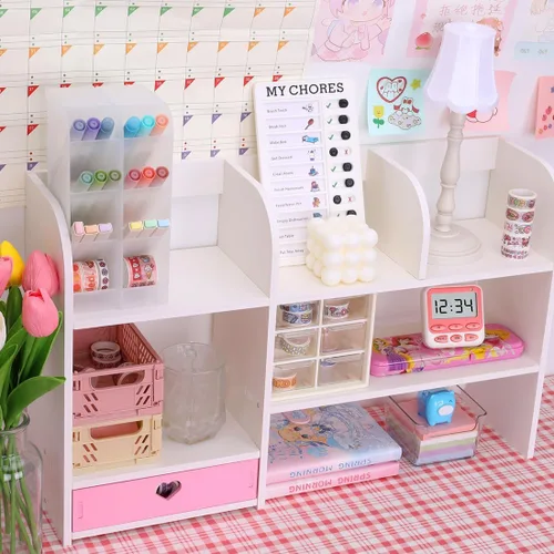 Vista 4 de Lindas estanterías para escritorio, organizador de escritorio Kawaii con cajón, organizadores de escritorio de oficina y accesorios, almacenamiento