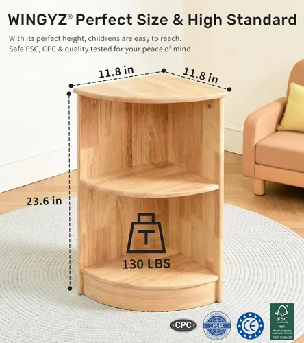 Vista 2 de WINGYZ Rubber Wood Corner Cabinet, 2-Tier Montessori Shelf, 2 Shelf Bookcase Toy Storage Organizer, Montessori Bookshelf for Kids Rooms, Classroom