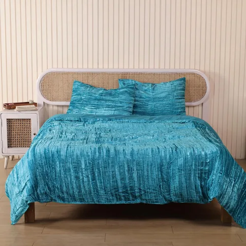 Vista 22 de Funda de edredón de terciopelo sólido ultra-luxe, ropa de cama boho UO, funda de colcha Donna, juego de edredón de 3 piezas, juego de cama de Aqua