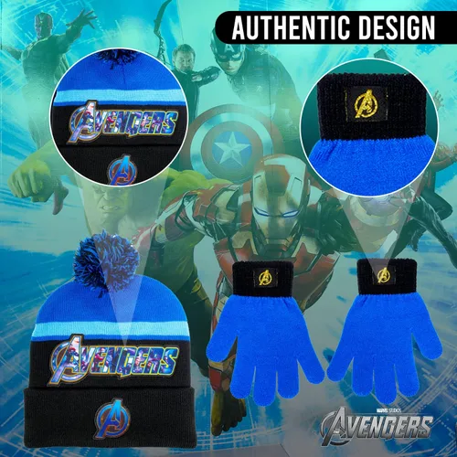 Vista 5 de Marvel Avengers - Juego de sombreros de invierno y guantes de nieve para niños y niños pequeños con lindos guantes y gorro suave, pompones esponjosos
