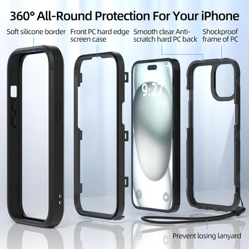 Vista 3 de WXR Compatible con iPhone 15 Plus/iPhone 14 Plus, silicona suave y parte trasera de policarbonato duro transparente e interior de policarbonato Negro