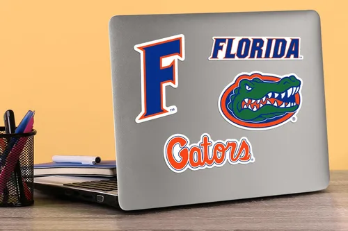 Vista 3 de University of Florida Gators Paquete de calcomanías de vinilo con logotipo primario – 9 calcomanías impermeables troqueladas con mascota de Gator