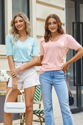 Vista 2 de Arach&Cloz Women's Spring Summer Tops 2023 Fashion V Neck Short Sleeve Pullover Knitted Casual Fall Sweater