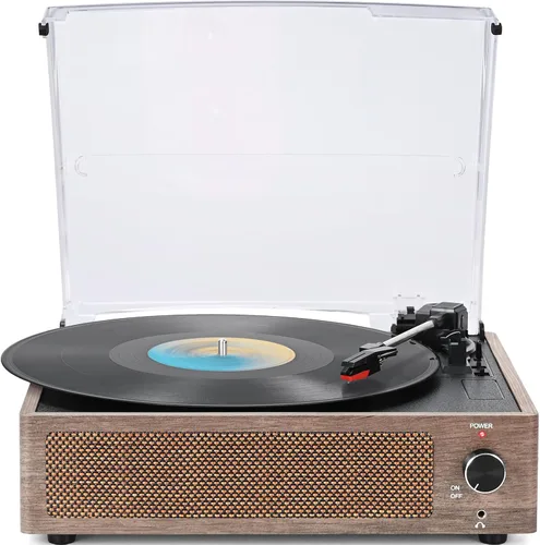 Vista 9 de Tocadiscos de vinilo vintage con altavoces, giradiscos accionados por correa, compatible con 3 velocidades, reproducción inalámbrica Bluetooth