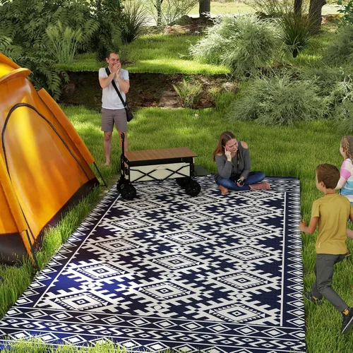Vista 20 de Outsunny Alfombra de exterior para patio impermeable 9' x 18' rombo negro y Borde rombo negro y gris