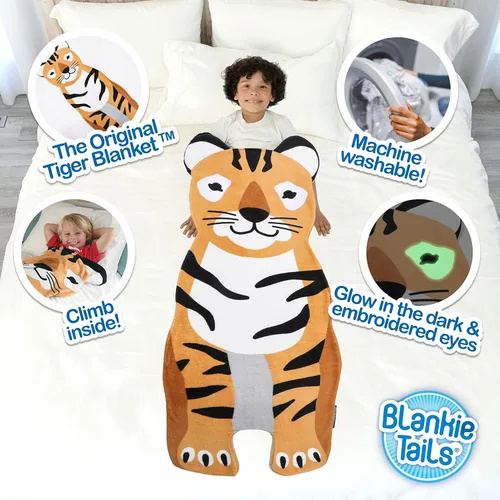Vista 4 de Blankie Tails Manta de tigre portátil para niños, de doble cara, suave, manta de animal de forro polar, uso para fiestas de pijamas, ropa de cama