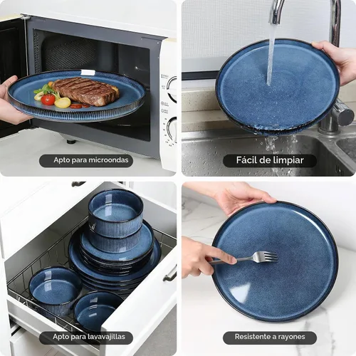 Vista 5 de Stoneware Dinnerware Sets for 4, 12Pcs Plates and Bowls Set, Midnight Blue