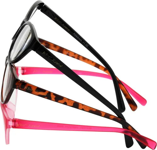 Vista 5 de Betsey Johnson Women's Fairisle 3 Pack Reading Glasses Cat Eye, Black, Tortoise, Pink Gradient, 1.5X + 1.5