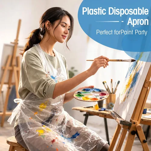 Vista 3 de Delantales desechables individualmente para adultos, 37 x 23 pulgadas, delantal de plástico para pintar y cocinar, empaquetados individualmente