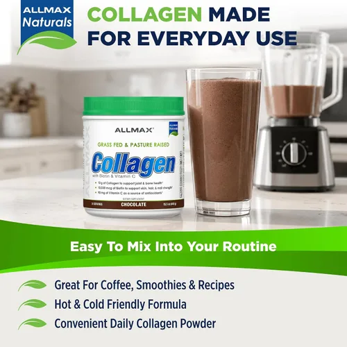 Vista 4 de ALLMAX Colágeno en polvo de chocolate, péptidos de colágeno hidrolizados, colágeno bovino alimentado con hierba, vitamina C y biotina