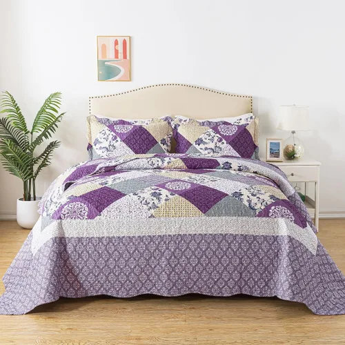 Vista 48 de Juego de cama de dos piezas, tamaño individual, de microfibra, reversible, de retazos, estilo floral, todas las estaciones, patrón de porcelana azul