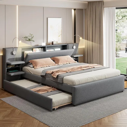 Vista 14 de Harper & Bright Designs Base de cama con plataforma de almacenamiento elevable de tamaño individual con cabecera capitonada de canal vertical Beige