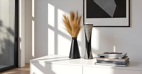 Vista 4 de AeraVida Jarrón de mesa cilíndrico cilíndrico de madera cilíndrico hecho a mano, moderno y elegante, rayas blancas y negras con patrón de zigzag