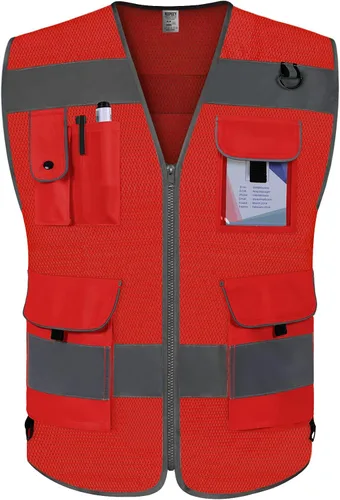 Vista 9 de TCCFCCT Chaleco de seguridad de malla para hombres y mujeres, chaleco de seguridad reflectante de alta visibilidad con 9 bolsillos, chaleco