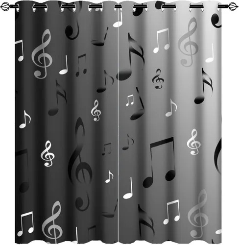 Vista 40 de Cortinas opacas de oscurecimiento de habitación con ojales, diseño rústico de símbolos musicales blancos y negros, tratamiento de ventana