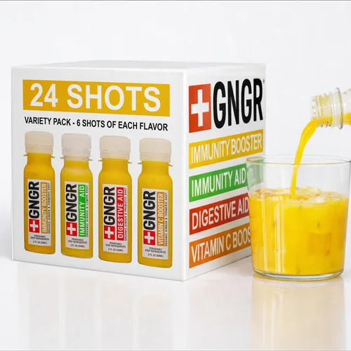 Vista 6 de +GNGR Paquete variado de 12 chupitos de jengibre orgánico. Prensado en frío, sin conservantes. Jugo de jengibre, raíz de cúrcuma, jugo de limón