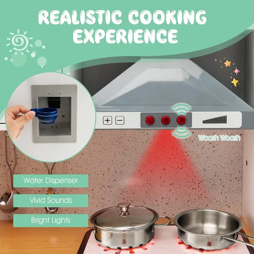 Vista 7 de GLACER Juego de cocina de madera para niños, cocina de juego de simulación de 2 piezas con luces y sonidos realistas, lavadora, dispensador de agua