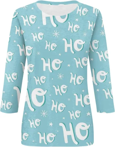 Vista 2 de Camisetas de Navidad para mujer, camisas de manga larga de Navidad para mujer, estampado de copos de nieve, tres cuartos