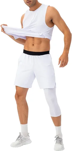 Vista 18 de Pantalones de compresión de 3/4 de una pierna para hombre, mallas de baloncesto atléticas para correr, leggings deportivos de capa base capri