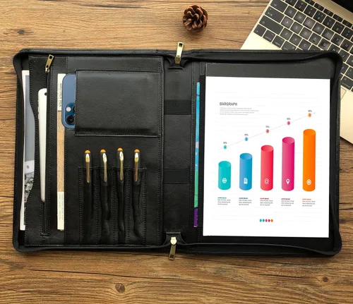Vista 10 de Cartera de piel auténtica, con cremallera para hombres, carpeta de cuero para bloc de notas tamaño carta, cartera para mujeres, organizador de Cera