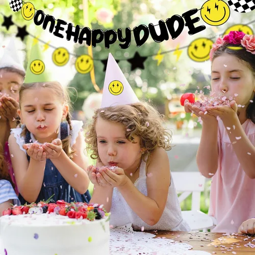 Vista 5 de Crowye Cartel de primer cumpleaños con texto en inglés "One Happy Dude - Cartel de primer cumpleaños hippie con cara sonriente para suministros