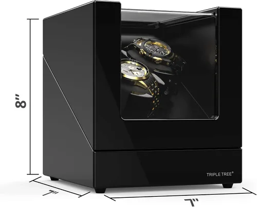 Vista 4 de TRIPLE TREE Enrollador de reloj doble para relojes automáticos, caja automática de reloj con acabado de piano de carcasa de madera, con motor