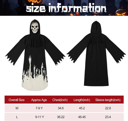 Vista 6 de MEJORMEN Disfraz de parca que brilla en la oscuridad para niños y niños, disfraz de fantasma aterrador de Halloween con guadaña, máscara de calavera
