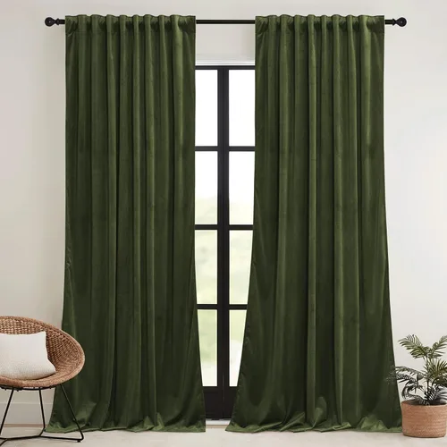 Vista 40 de RYB HOME Cortinas elegantes de terciopelo verde de 63 pulgadas de largo, bloqueo de luz, aislamiento térmico, elegantes cortinas de terciopelo