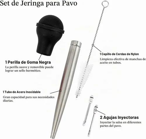 Vista 3 de Baster de Pavo para Cocinar, Inyector de Carne Grande de Acero Inoxidable, con Cepillo de Limpieza y 2 Agujas de Adobar, Negro