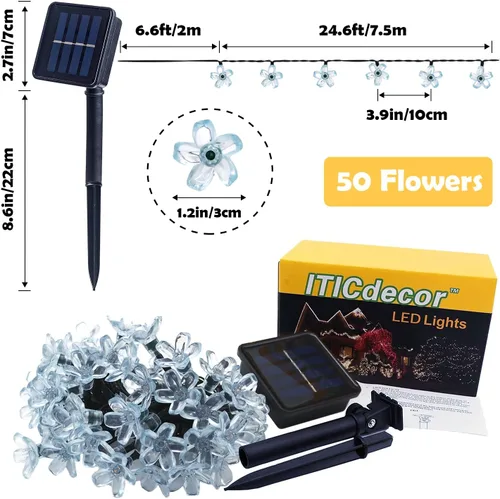 Vista 7 de ITICdecor - Tira de luces solares para exteriores con flores, impermeables, 50 luces LED, decoraciones de luces de hadas para árbol de Navidad