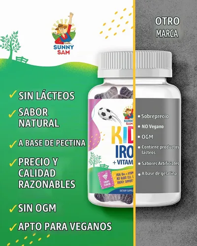 Vista 5 de SUNNY SAM Gomitas de hierro para niños y adolescentes - 10 mg de vitaminas de hierro con vitamina C - Suplemento masticable de gomitas con bajo