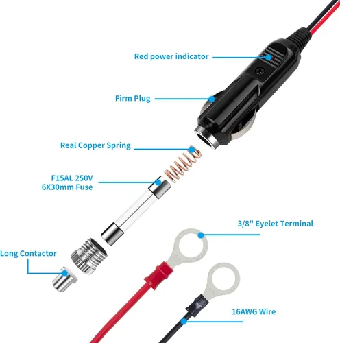 Vista 5 de Enchufe de cigarrillos macho a macho de 16 AWG 15 A, cable de carga con luces LED (3 pies)